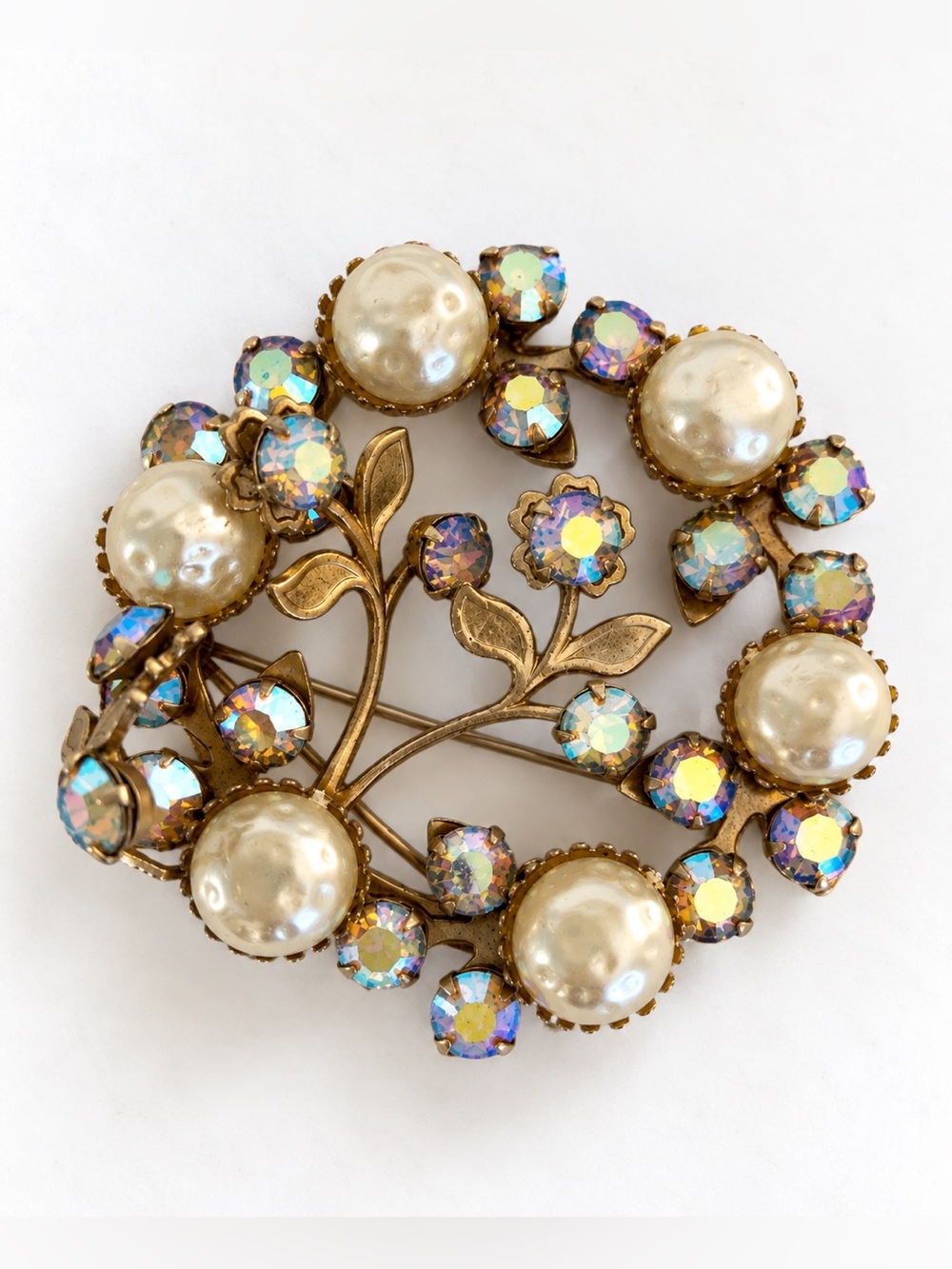 Vintage Brooch Gold Rhinestone Pearl EUC